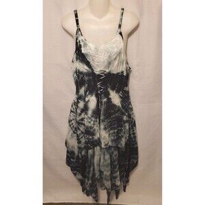Advance Apparels XL Black White Tie Dye Handkerchief Hippie Corset Dress Tiered